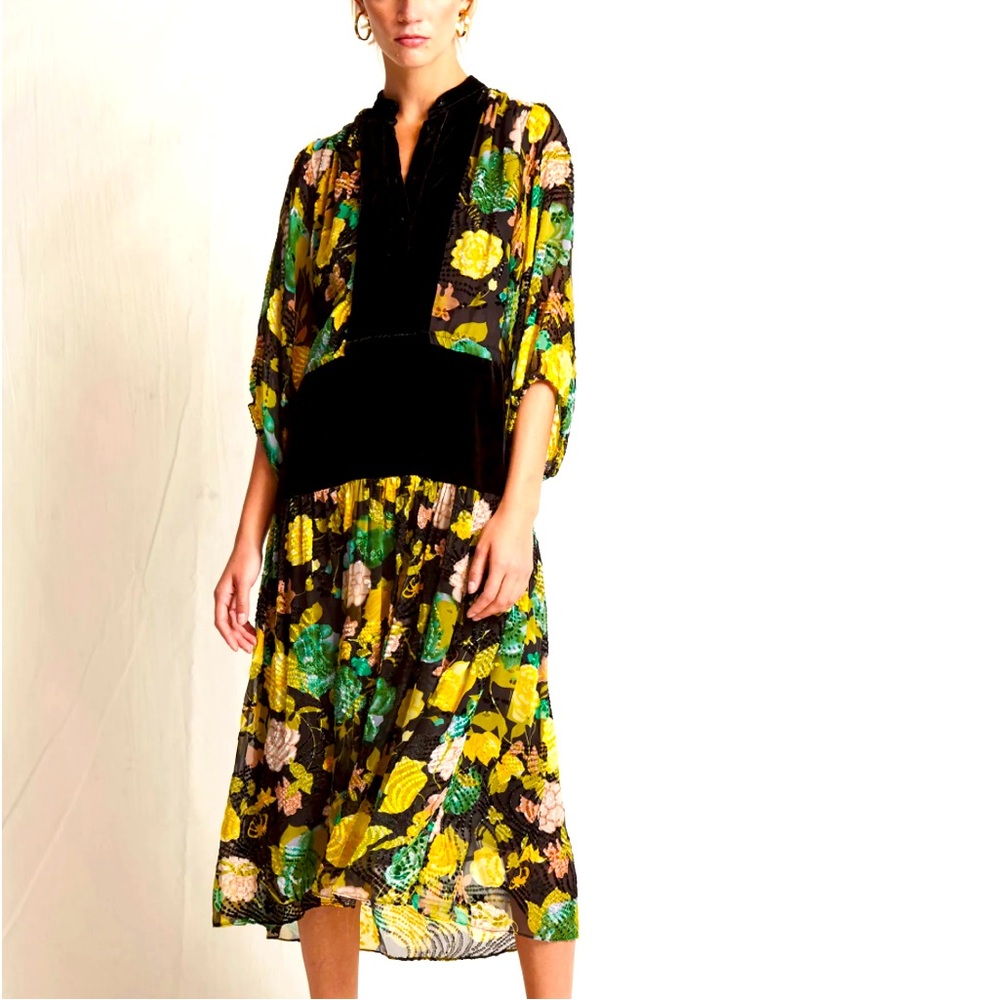 Warm Fun brand size 1= small black silk‎ sheer velvet floral midi dress NWT